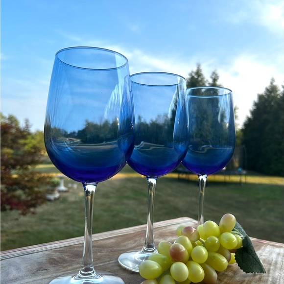 Pier 1 Cobalt Blue Balloon Clear Water Wine Goblets Stemware Set Of 3 - Picture 8 of 8